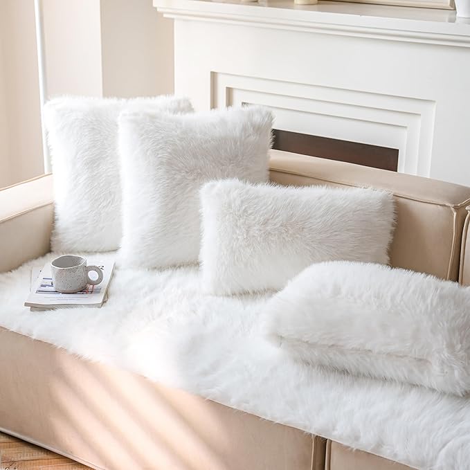 Neelvin Cream White Faux Fur Cozy Fluffy Double-Sided Decorative Throw Pillow Covers 12x20 inch Set of 2,Velvet Pillowcase Cushion Case for Sofa Couch