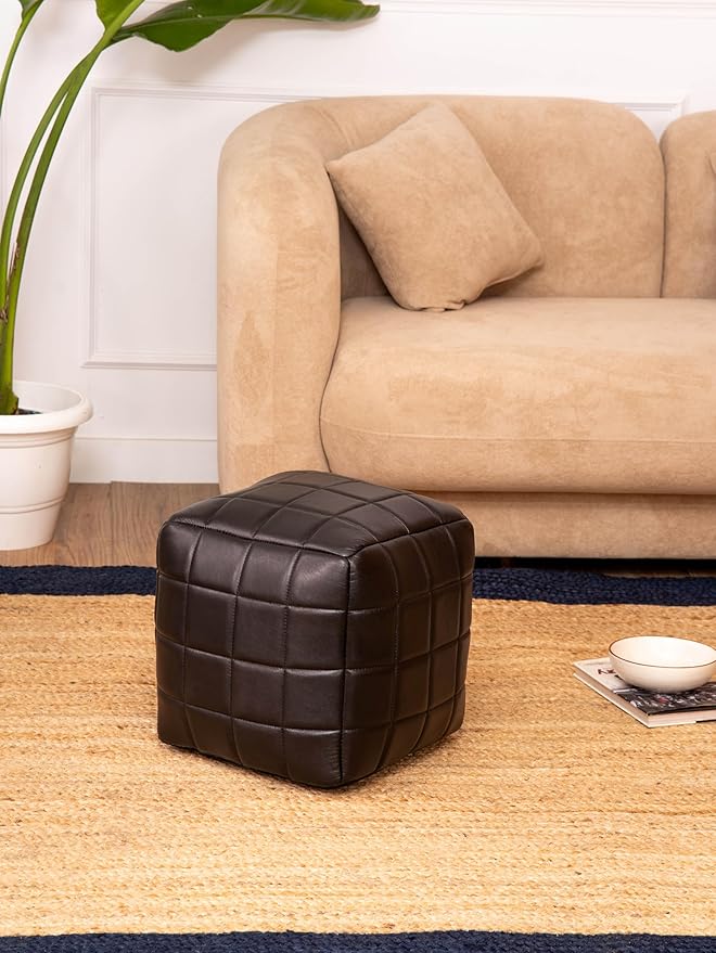 Handmade Eco-Friendly Geometric Leather Pouf Black Color Square 14" x 14" x 14" Goat Leather Pouf for Living Room, Bedroom Seating, Patio