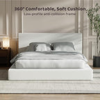RECCI Cloud Upholstered Queen Bed Frame with Headboard, 5 Inch Foam Padded Platform, No Box Spring, Easy Assembly (Off-White)