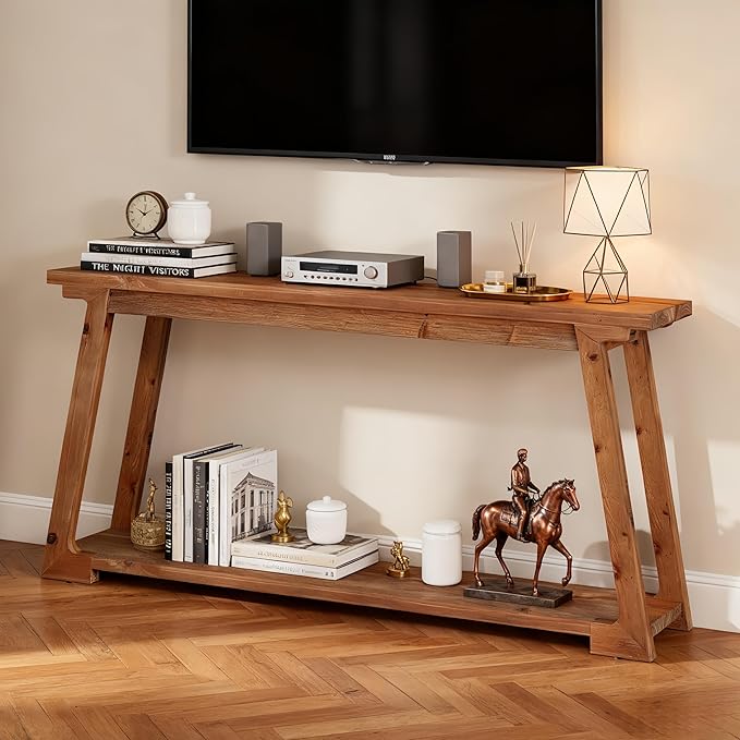 Tribesigns 63-Inch Long Console Table, 2-Tier Solid Wood Sofa Table with Storage, Narrow Behind Couch Accent Furniture for Living Room, Hallway, Entryway