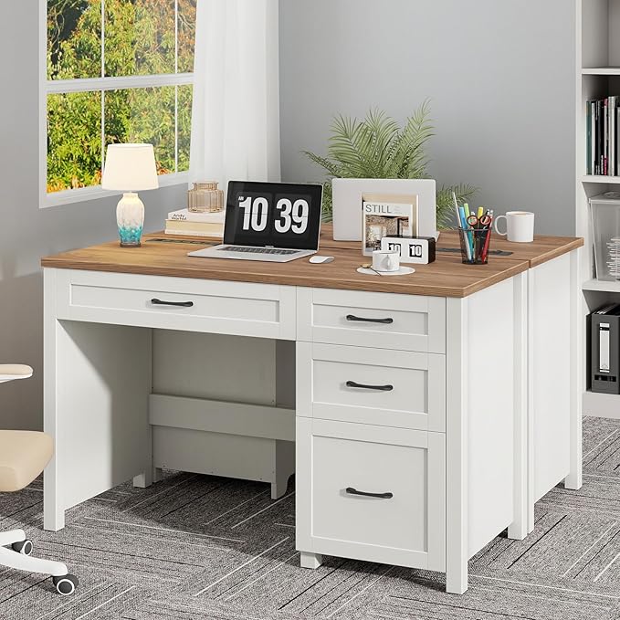 Vabches Farmhouse 47" Executive Desk, Computer Desk with File Drawer and Charging Station, Workstation for Home Office & Study（Off White