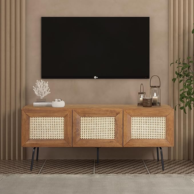 NTC Mossic TV Media Cabinet with 3 Doors for TVs, Entertainment Center with Natural Rattan, Metal Legs, Modern Storage Console for Living Room and Bedroom, Effortless Assembly, Teak Look