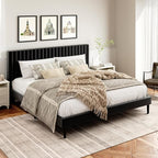 King Size Bed Frame, King Size Platform Bed Frame and Velvet Upholstered Headboard with Strong Wood Slats, Box Spring Optional, Mattress Foundation, Easy Assembly Black