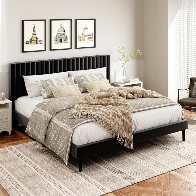 King Size Bed Frame, King Size Platform Bed Frame and Velvet Upholstered Headboard with Strong Wood Slats, Box Spring Optional, Mattress Foundation, Easy Assembly Black
