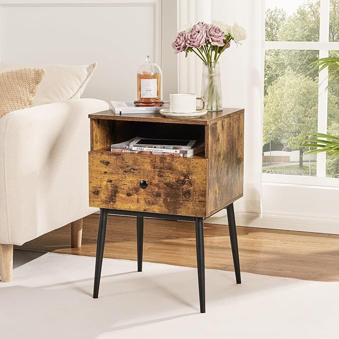 VECELO Modern Wood Night Stand,Square End Table Side Table with Drawer and Storage Space for Bedroom and Living Room