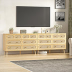 Rattan Dresser for Bedroom, Boho 6 Drawer Double Dresser with Gold Handles, Natural Wood Storage Dressers & Chest of Drawers, 6 Drawer Dressers