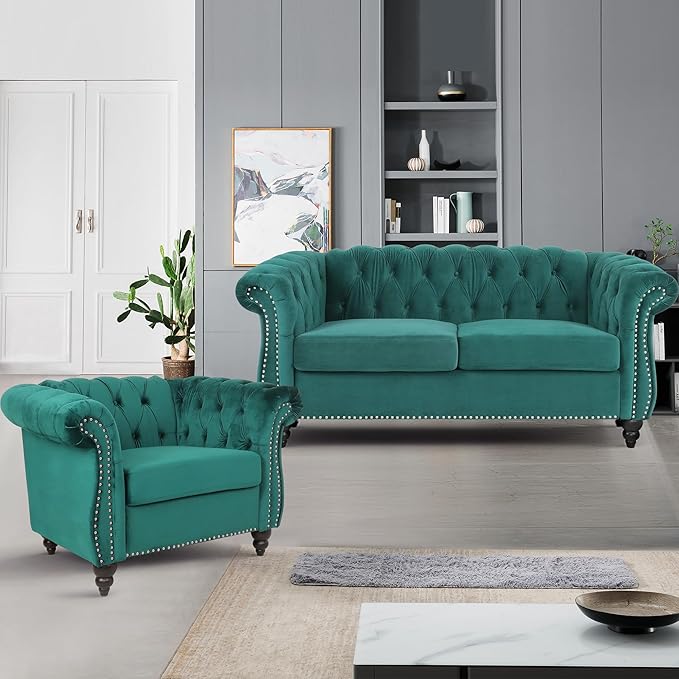 Velvet Sofa Couches Set, 3-Piece Mid Century Modern Upholstered Couch with Cushions, Home Sofa Sectional Furniture Sets, Comfy Tufted Chesterfield Couches for Living Room, Bedroom, Office