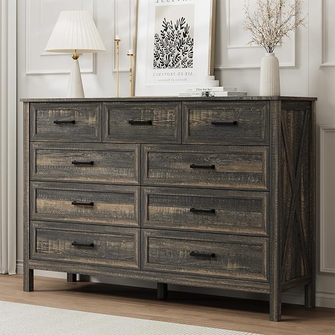 LYNSOM Farmhouse 9 Drawer Dresser for Bedroom, 55 Inch Wide Wood Rustic Chest of Drawers with X-Marking & Bar Handle, Large Storage Dressers Organizer for Bedroom, Living Room, Dark Rustic Oak