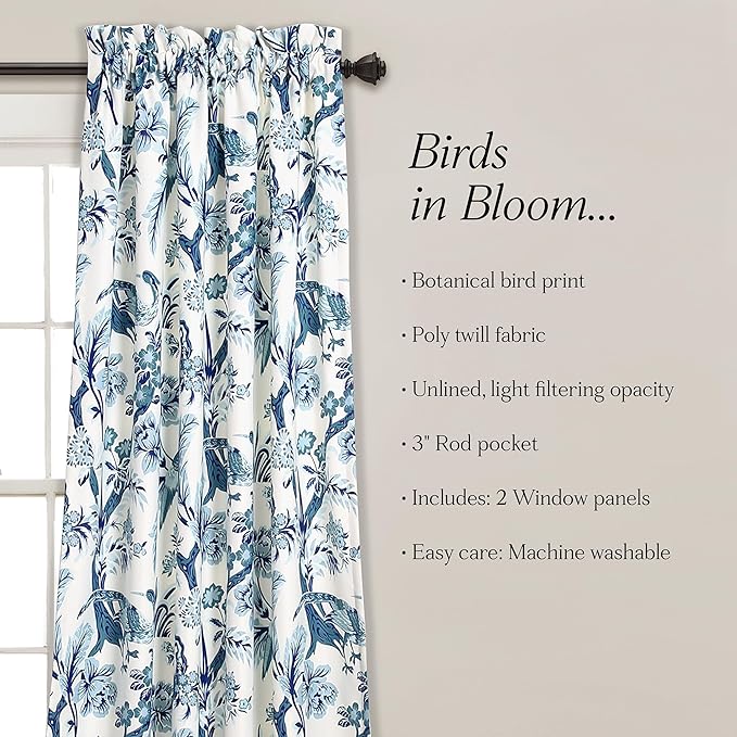 Lush Decor Dolores Light Filtering Window Panels, Pair, 52" W x 84" L, Blue - Floral Curtains for Bedroom - Vintage Curtains - Coquette Room Decor