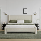 King Size Bed Frame, Boucle Bed Frame with Headborad, Soft Upholstered Platform Bed Frame with Rounded Corners, No Box Spring Required, Easy Assembly, Cream