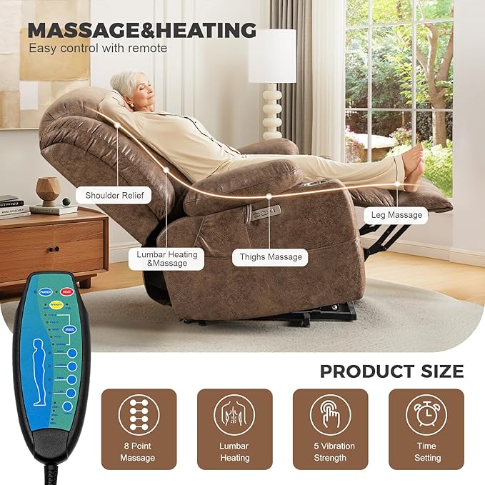 HUSFU Oversized Power Lift Recliner Chair with Massage and Heat for Elderly, Electric Leather Recliner with 2 Cup Holders, Side Pocket and USB Port,Brown