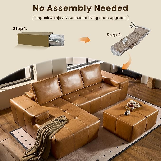 114" Cloud Sectional Couch with L-Shape Chaise & Ottoman, Modern Boneless Couches for Living Room, Fluffy Tufted Deep Seat Modular Sofa No Assembly (Faux Leather,Brown,Left Facing)