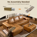 114" Cloud Sectional Couch with L-Shape Chaise & Ottoman, Modern Boneless Couches for Living Room, Fluffy Tufted Deep Seat Modular Sofa No Assembly (Faux Leather,Brown,Left Facing)