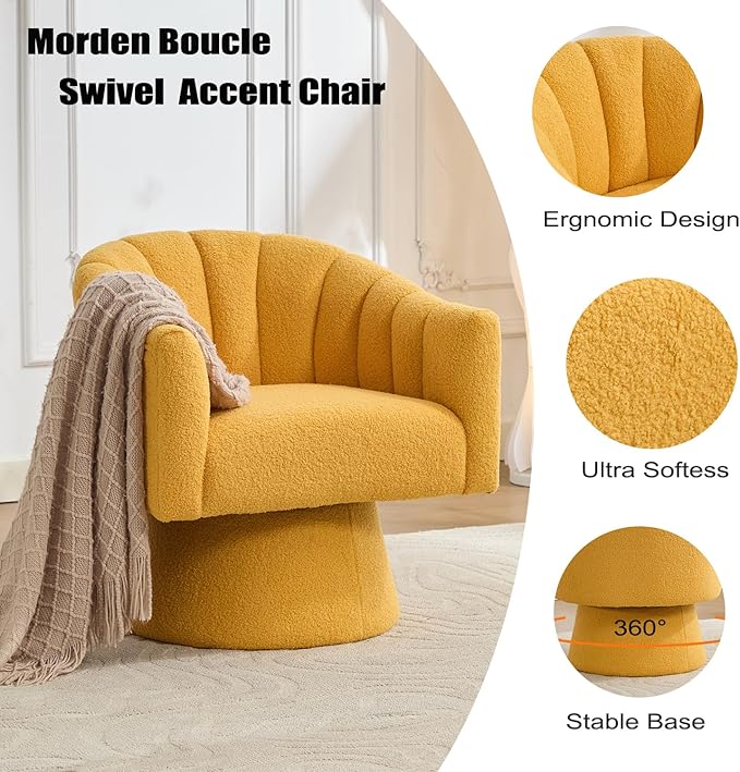 Swivel Accent Chair Set of 2, Upholstered Teddy 360° Swivel Barrel Chair for Living Room Overstuffed Bouncle Reading Chair Round Armchair for Bedroom,Vanity,Office-Mustard