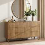 CARPETNAL Fluted 7 Drawer Dresser for Bedroom, 55" Wide Wooden Chest of Drawers with Rounded Corners, Gold Handles, Modern Storage Organizer for Bedroom, Hallway(Walnut)