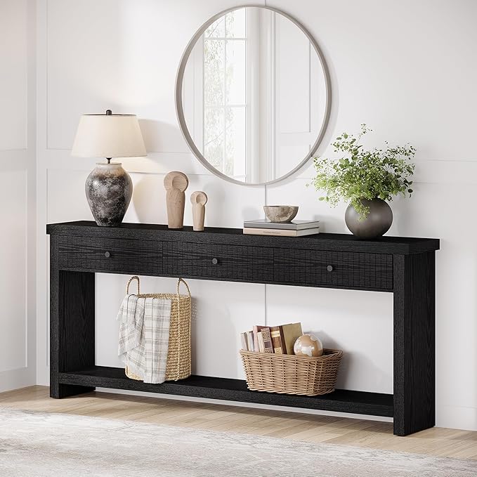 Tribesigns 70.9 inch Sofa Console Table with 3 Drawers, Extra Long Entryway Table with Open Storage Shelves Wooden Couch Table Foyer Tables Furniture for Living Room Hallway Entrance, Black