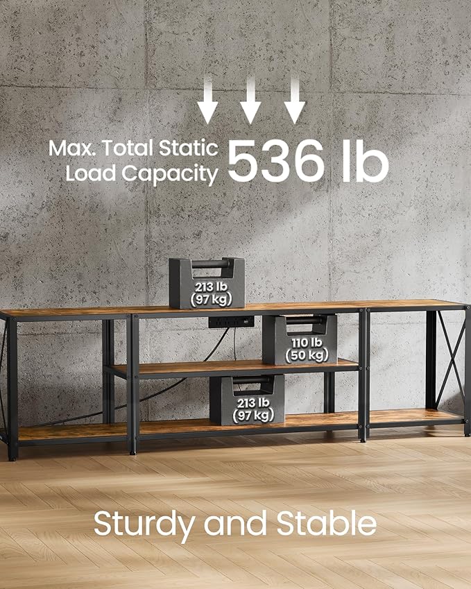 VASAGLE TV Stand With Power Outlets and LED Lights, for TVs up to 75 Inches, Entertainment Center With Open Storage Shelves, Console Table for Living Room, Rustic Brown and Ink Black ULTV122K01