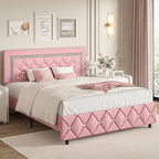 BarnFurin Full Size Bed Frame, Upholstered Platform Bed with Button Tufted Headboard, Princess Bed Frame with Diamond Design, No Box Spring Required, Easy Assembly, Pink