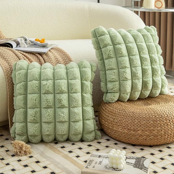 Neelvin Green Faux Fur Cozy Soft Plaid Decorative Throw Pillow Covers 16x16 inch Set of 2,Velvet Pillowcase Cushion Case for Sofa Couch