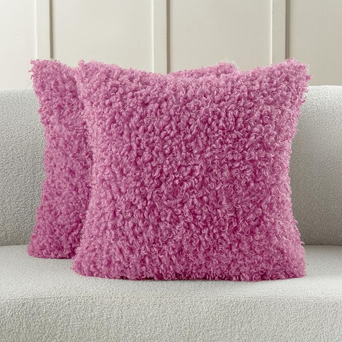 FUTEI Hot Pink Decorative Throw Pillow Covers 20x20 Inch Set of 2,Soft Fluffy Faux Wool Fur Boucle Textured Cushion Case,Modern Home Decor for Couch Bed Living Room Office