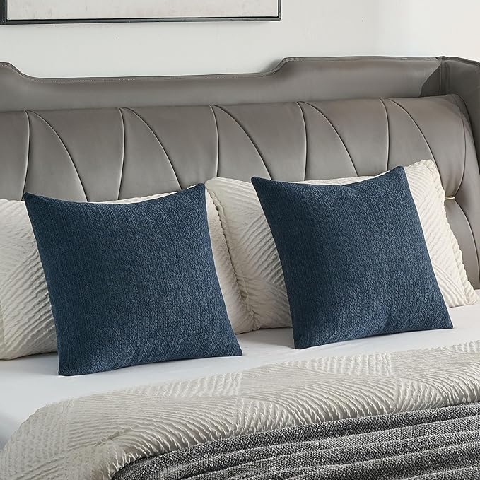 FUTEI Navy Blue Chenille Throw Pillow Covers 16x16 Inch Set of 2,Soft Striped & Diamond Textured Cushion Cases,Modern Home Decor for Couch Living Room