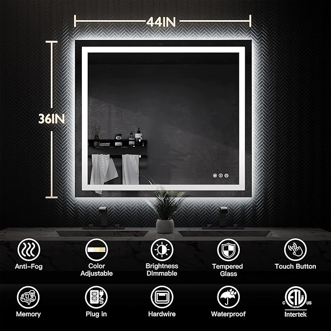 ISKM 44'' x 36'' LED Mirror for Bathroom Lighted Vanity Mirror for Wall Front Lights + Backlit LED Bathroom Mirror Anti-Fog Tempered Glass ETL Listed