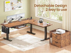 SEDETA L Shaped Electric Standing Desk with File Cabinet, 63 x 53'' Height Adjustable Home Office Computer Desk with 3 Drawers, Power Outlet, Stand up Gaming Table with Led Lights, Rustic Brown