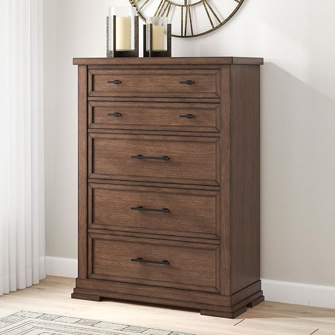 Signature Design by Ashley Taffenbrook Farmhouse 5-Drawer Chest with Felt-Lined Top Drawer and Easy Glide for Bedroom, Dark Brown