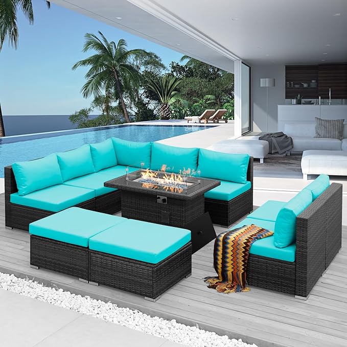 NICESOUL 10 Piece Modern Outdoor Furniture Set with Natural Gas/Propane Fire Pit Table, 29.3'' High-Back Extra Large Patio Sectionals with Firepit, Deep Wide All-Weather Rattan Sofas, Turquoise & Gray