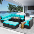 NICESOUL 10 Piece Modern Outdoor Furniture Set with Natural Gas/Propane Fire Pit Table, 29.3'' High-Back Extra Large Patio Sectionals with Firepit, Deep Wide All-Weather Rattan Sofas, Turquoise & Gray