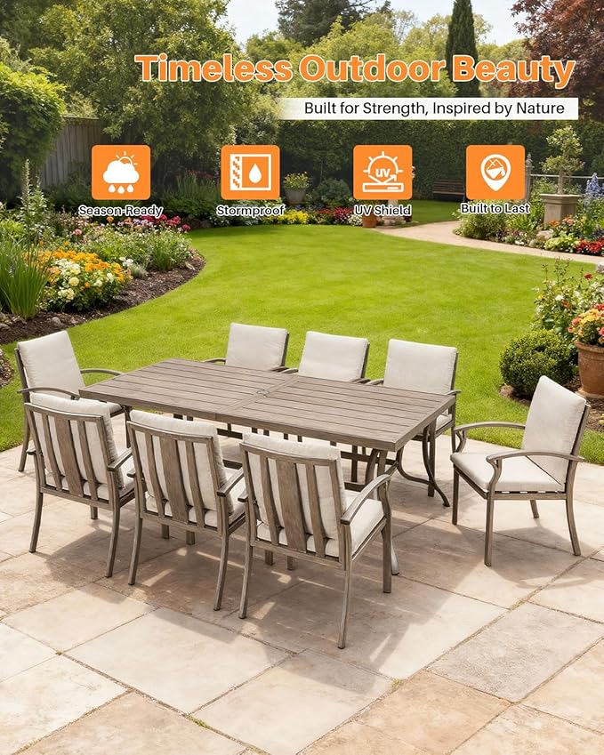 9-Piece Outdoor Dining Set, Aluminum Patio Dining Set with 2.2" Umbrella Hole, Outdoor Table and Chairs with Thick Cushions, Patio Furniture Sets for Decks, Lawn, Garden, Backyard, Limed Oak