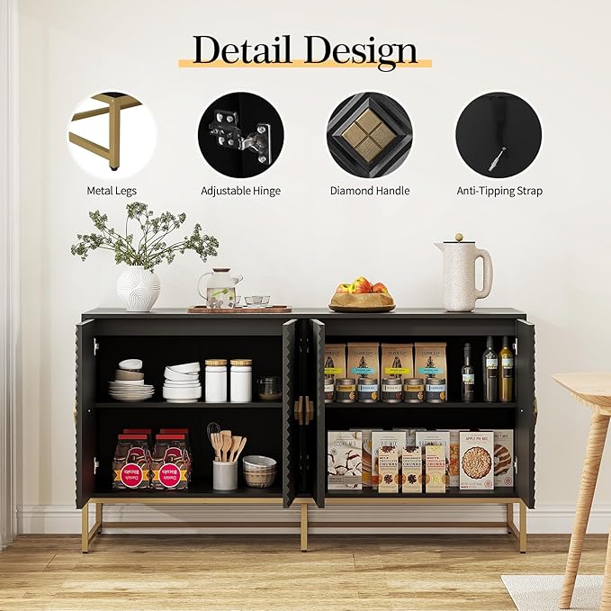 Sideboard Buffet Cabinet with Storage - Accent Storage Cabinet with Doors, Wood 4 Doors Cabinet with Metal Legs, 60" Buffets & Sideboards, Modern Credenza for Living Room (Black)
