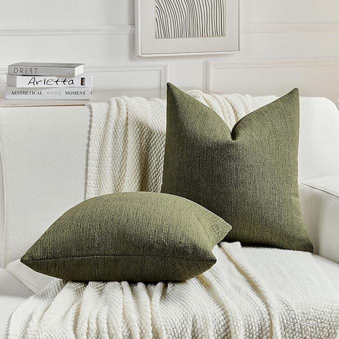 FUTEI Moss Green Chenille Decorative Throw Pillow Covers 24x24 Inch Set of 2,Soft Cozy Faux Linen Textured European Pillow Shams,Farmhouse Home Decor for Couch Living Room