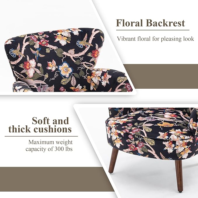 Floral Accent Chair, Upholstered Living Room Chairs with Solid Wood Legs, Mid Century Modern Velvet High Back Armchair for Living Room, Bedroom, Black