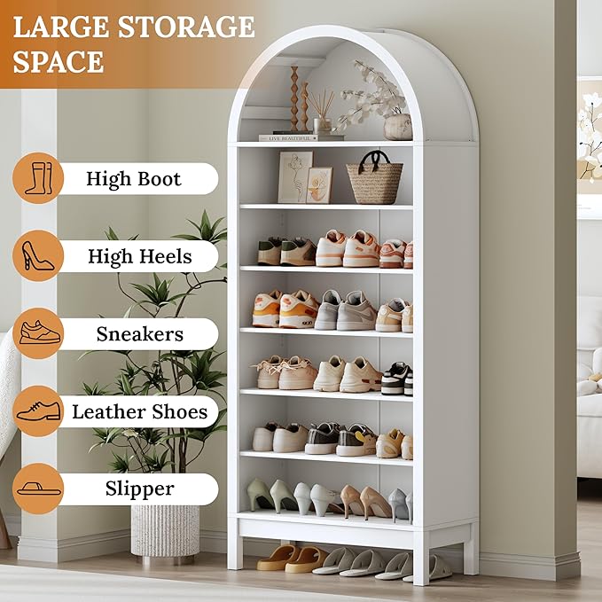 70" Tall Arched Shoe Cabinet, 7-Tier Shoe Rack with 3 Adjustable Shelves, Large Freestanding Shoe Organizer for Entryway, Closet, Hallway, Living Room (Arctic White)