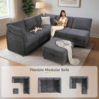 KKL Modular Sectional Sofa V-Shaped 6 Seater Couch with Storage Ottoman, Convertible L/J-Shaped Couch and Sofa Bed Plush Wide-Wale Corduroy for Living Room, Apartment, Modern Design, Gray