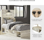 Signature Design by Ashley Cambeck Farmhouse Twin Panel Platform Bed with 4 Storage Drawers, Cubbies, Sconce Light and USB Ports, Foundation or Box Spring Not Needed, Whitewash