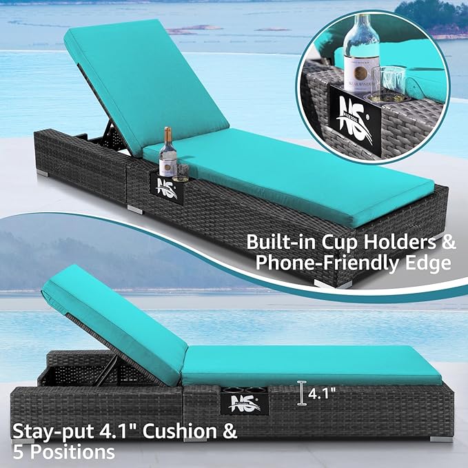 NICESOUL 11 Piece Outdoor Patio Furniture Set with Fire Pit Natural Gas/Propane, 29.3'' High Back Comfy Wicker Seactional w/Chaise Lounge, Large Deep Seat Backyard Seating, Turquoise & Grey