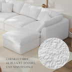 108" Boneless Cloud Couch Modular Sectional Sofa with Deep Seat for Living Room, L Shape Couch with Ottoman, Snowflake Cloth and 40D Memory Sponge，2 Throw Pillows (White, 3 Seater+1 Ottoman)