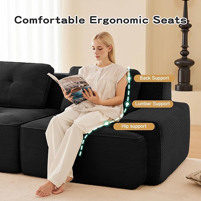 150.4” Black Boneless Couches for Living Room, Modular Sectional Sofa with U-Shape Chaise, 4 Seater Comfy Upholstered Deep Seat Corduroy Fabric Cloud Couch No Assembly, Anti-Slip Design