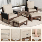 5 Piece Patio Bistro Chair Set with Ottoman, Wooden Outdoor Patio Furniture Set, Patio Wicker Chairs with Coffee Tables for Balcony Deck Backyard