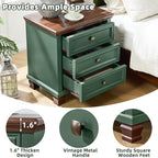 Farmhouse Nightstand with 3 Drawers, Rustic Couch End Table with 4 Square Solid Wood Legs, Mid-Century Vintage Bed Side Table with Storage, Small Dresser for Bedroom, Living Room, Green