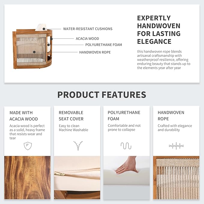 Christopher Knight Home Nesbit 4 Pieces Conversation Set, Acacia Wood Chat Set, Woven Rope Loveseat and Accent Chairs, Slat Panel Coffee Table, Patio Furniture Set for Backyard Balcony Garden, Beige