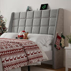 ONBRILL Ergonomic Upholstered Full Size Headboard w/Charging Station, Linen Wingback Headboards w/Storage Pocket, Full Headboard Only, Bed Frame Adapters, Sturdy Solid Wood Bed Head Board, Light Grey