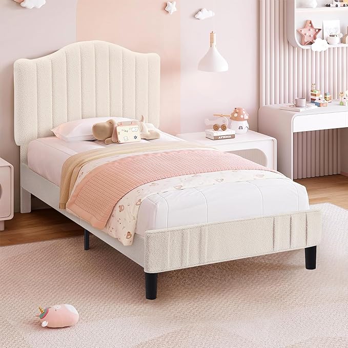 VECELO Twin Bed Frame Upholstered Platform Bed Frame with Height Adjustable Teddy Fabric Headboard, Strong Wood Slats Supports 7.9'' Under Bed Space Noise Free No Box Spring Needed, Beige