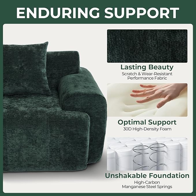 129.23”Modular Sectional Couch for Living Room, Modren L-Shape Cloud Sectional 4-Seater Sofa with Movable Ottoman, Woven Texture Upholstery Boneless Couch, No Assembly, Green