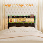 Unikito Headboard for Full Size Bed Frame, Upholstered Head Board with Outlets, USB Ports and LED Light, Comfortable Leather Headboards with Storage Shelf, Sturdy Full Bed Headboard Only, Black Oak