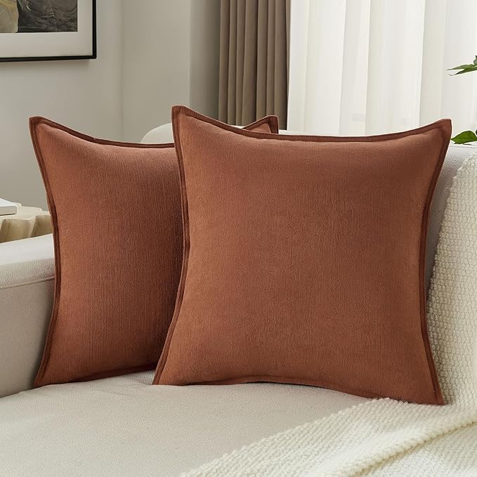 FUTEI Rust Chenille Throw Pillow Covers 22x22 Inch Set of 2,Edges Double-Stitched Cushion Cases,Modern Home Decor for Couch Living Room