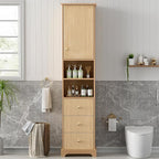 Tall Freestanding Storage Cabinet with One Door & 3 Drawers, Multi-Purpose Organizer with Open Storage and Adjustable Shelf for Bathroom, Office, Living Room, Wood