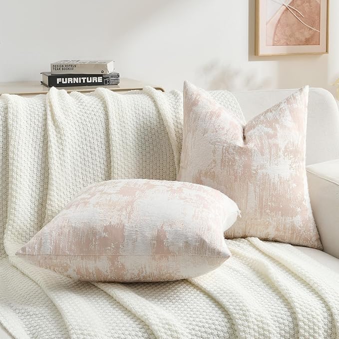 FUTEI Pink White Decorative Throw Pillow Covers 24x24 Inch Set of 2,Soft Faux Cashmere Jacquard - Textured & Cozy Euro Pillow Shams,Modern Home Decor for Couch Bed Living Room